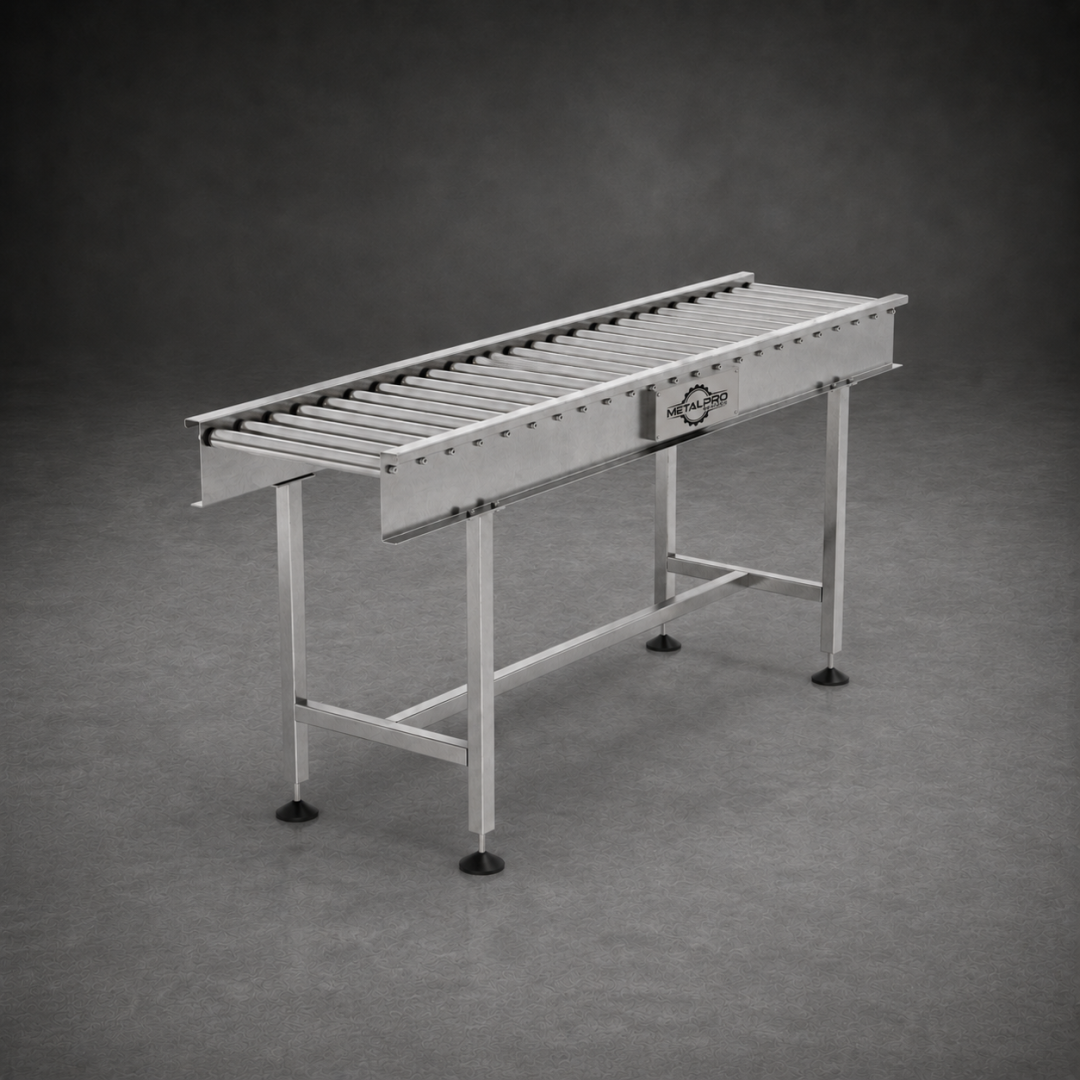 Cama de polines industrial para cintas transportadoras fabricada por Metal Pro Service en Chile.
