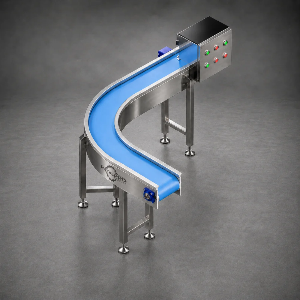 Cinta Termodrive curva en 90° fabricada por Metal Pro Service para transporte industrial de productos en Chile.
