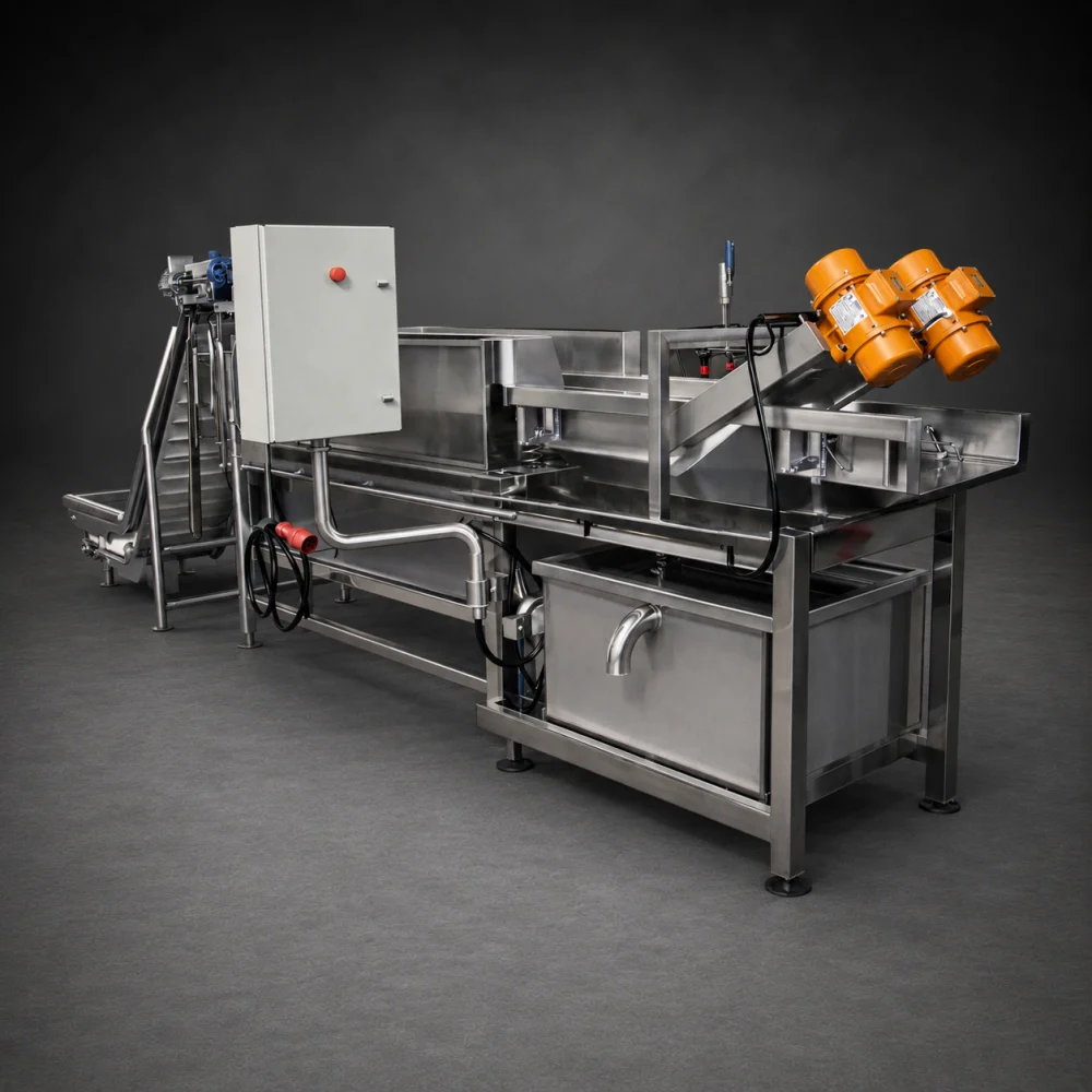 Lavadora de verduras industrial fabricada por Metal Pro Service para limpieza y procesamiento de vegetales en Chile.