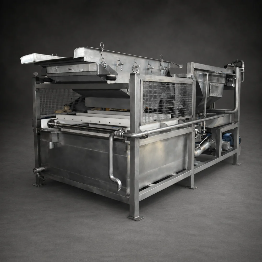 Lavadora de frutas conservadas industrial fabricada por Metal Pro Service para limpieza de frutas procesadas en Chile.